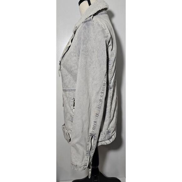 Levi's Jacket Gray Acid Washed Denim Belted Sherpa Moto Punk Streetwear Women M - Picture 3 of 8